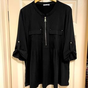 Black DEX Zip Up Blouse, elbow length sleeves, anti wrinkle